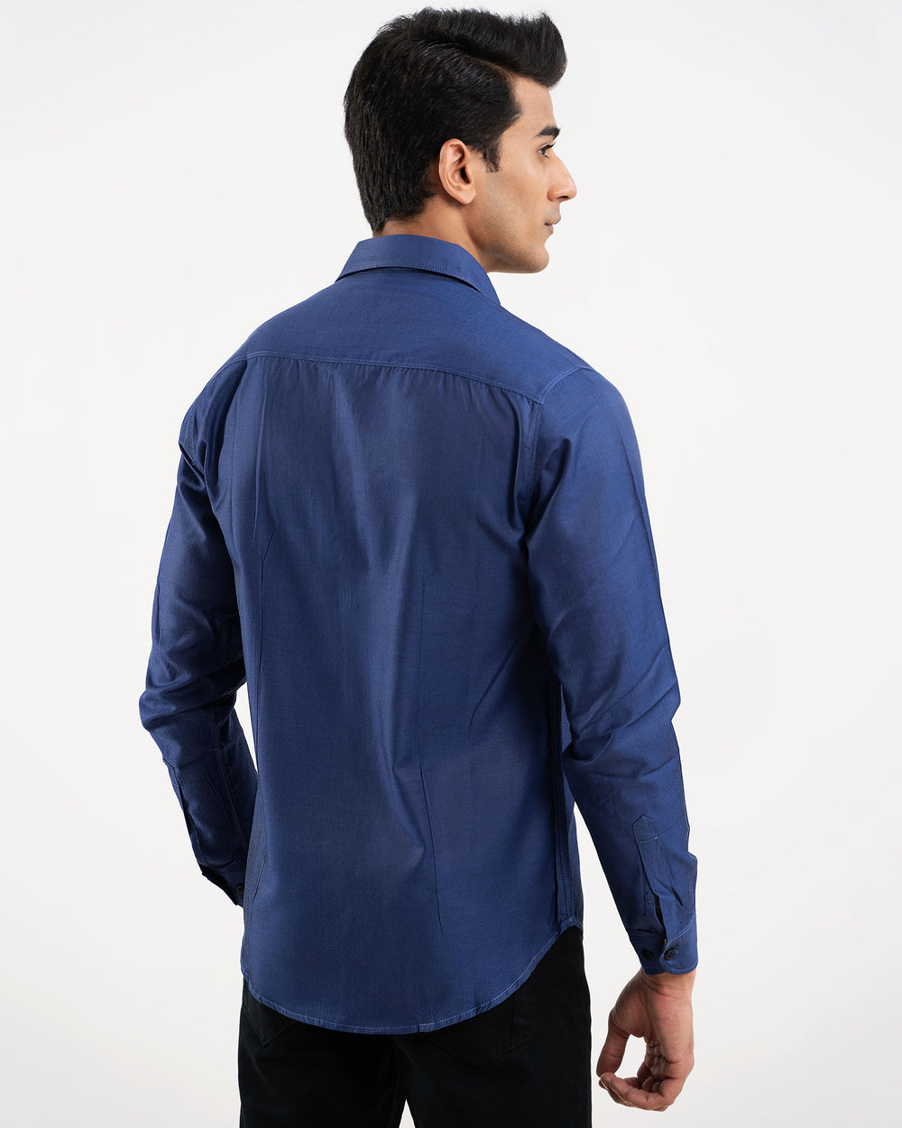 Royal blue 100% cotton casual shirt for men — adjustable cuffs, relaxed fit — ADAM Clothing Pakistan back pose
