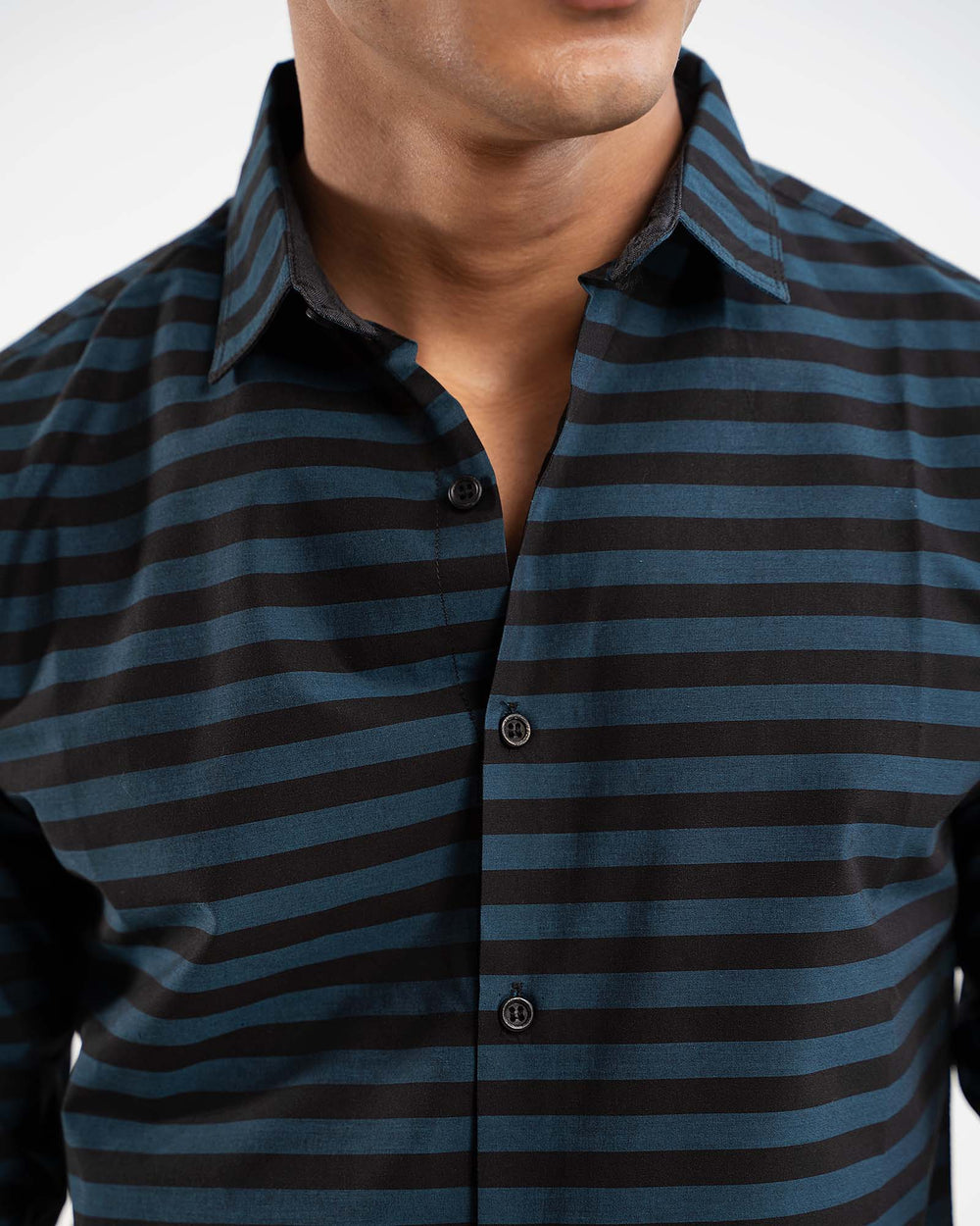 Navy blue stripe casual shirt for men – regular fit, 100% cotton, full sleeves – ADAM Clothing Pakistan close up