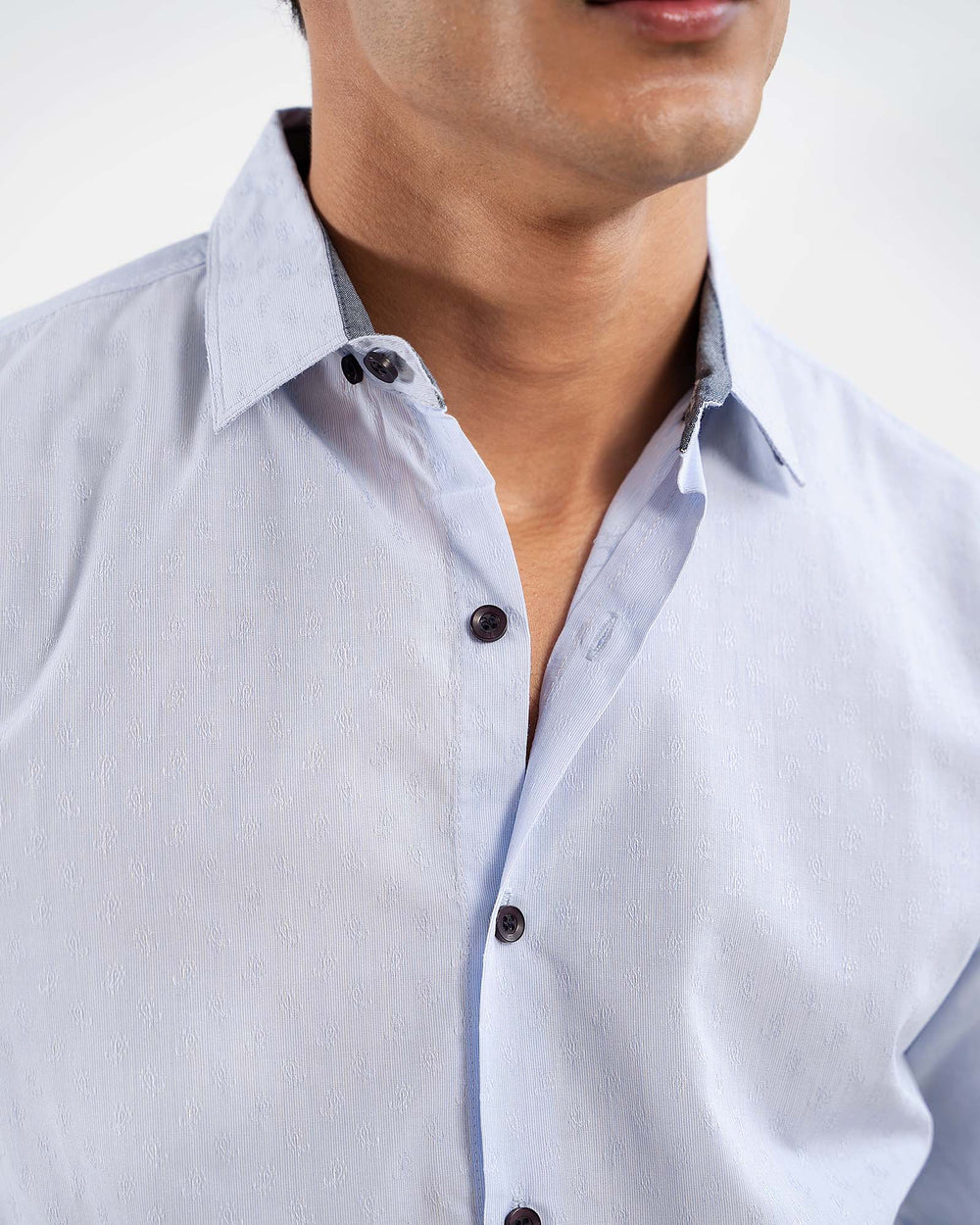 Light blue 100% cotton casual shirt for men — relaxed fit, classic collar — ADAM Clothing Pakistan close up