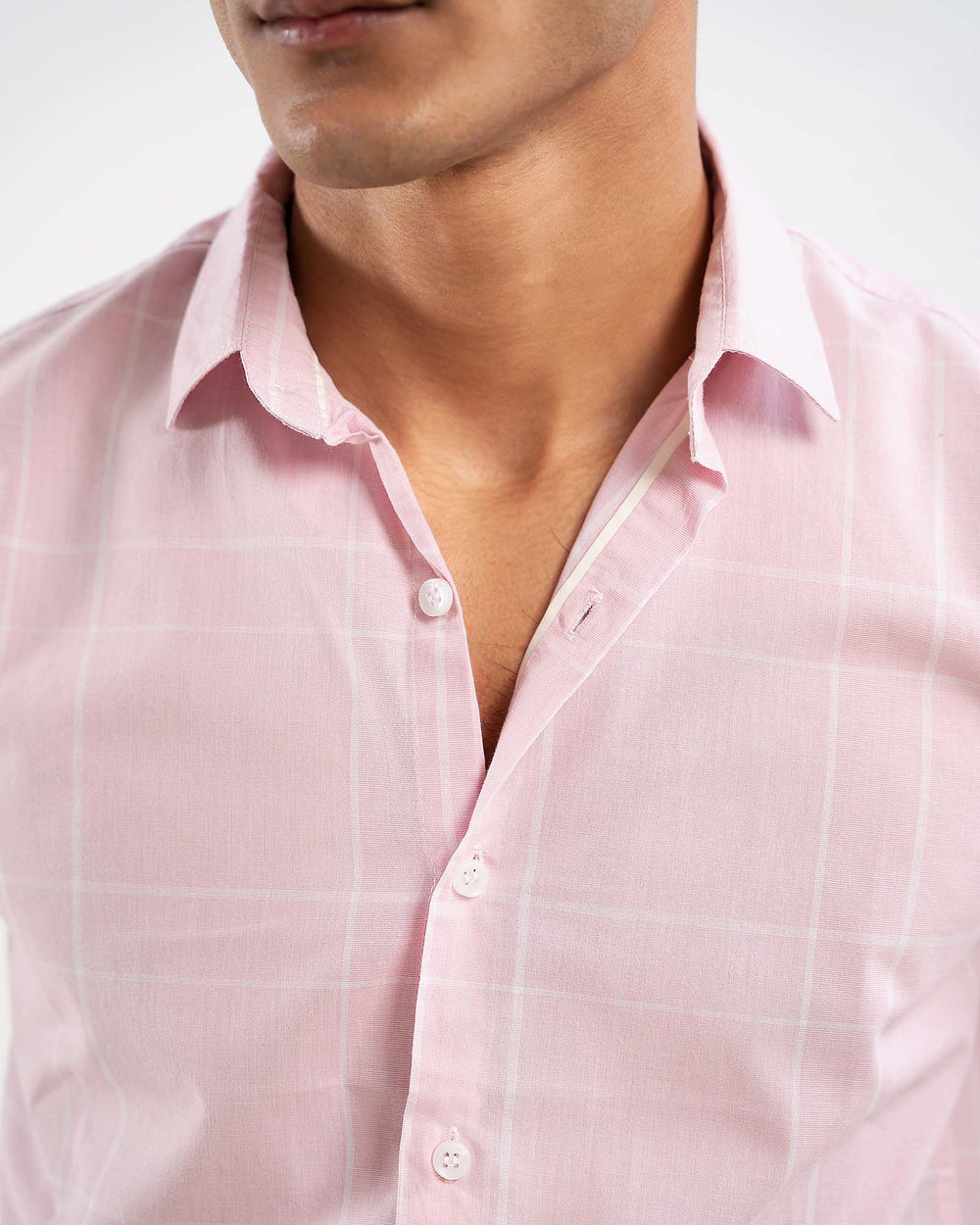 Light pink cotton check shirt for men – regular fit, full sleeves, casual style – ADAM Clothing Pakistan close up