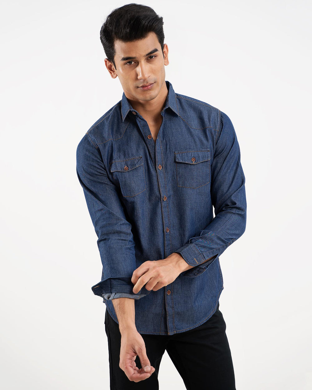 Men's denim casual shirt in blue – regular fit, 100% cotton, full sleeves – ADAM Clothing Pakistan
