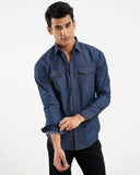 Men's denim casual shirt in blue – regular fit, 100% cotton, full sleeves – ADAM Clothing Pakistan
