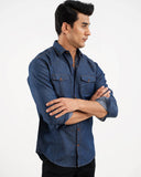 Men's denim casual shirt in blue – regular fit, 100% cotton, full sleeves – ADAM Clothing Pakistan side pose