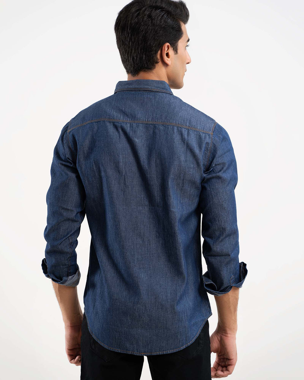 Men's denim casual shirt in blue – regular fit, 100% cotton, full sleeves – ADAM Clothing Pakistan back pose