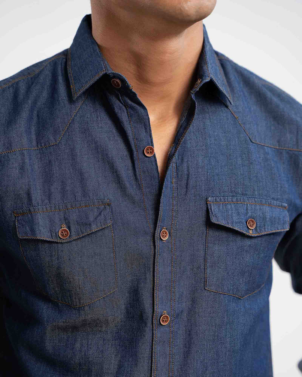 Men's denim casual shirt in blue – regular fit, 100% cotton, full sleeves – ADAM Clothing Pakistan close up