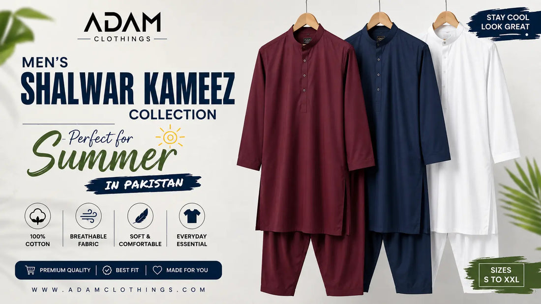 Men's shalwar kameez in maroon, navy, and white colour options laid out for Pakistani buyers choosing the right shade