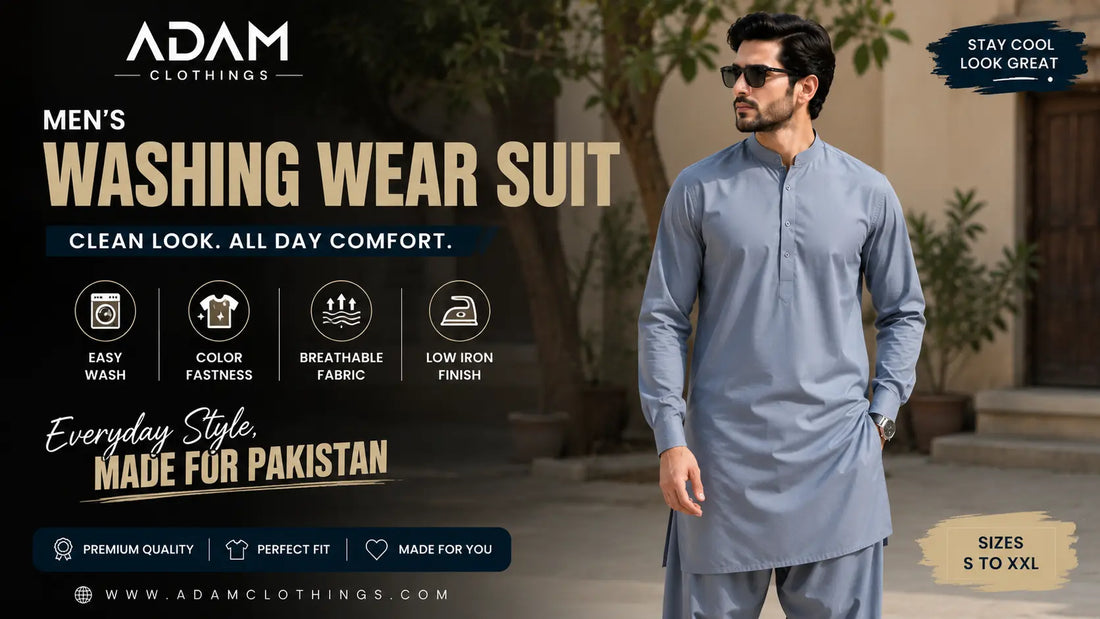 Man wearing a navy blue washing wear shalwar kameez suit, styled for everyday office wear in Pakistan