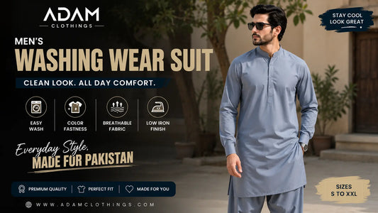 Man wearing a navy blue washing wear shalwar kameez suit, styled for everyday office wear in Pakistan
