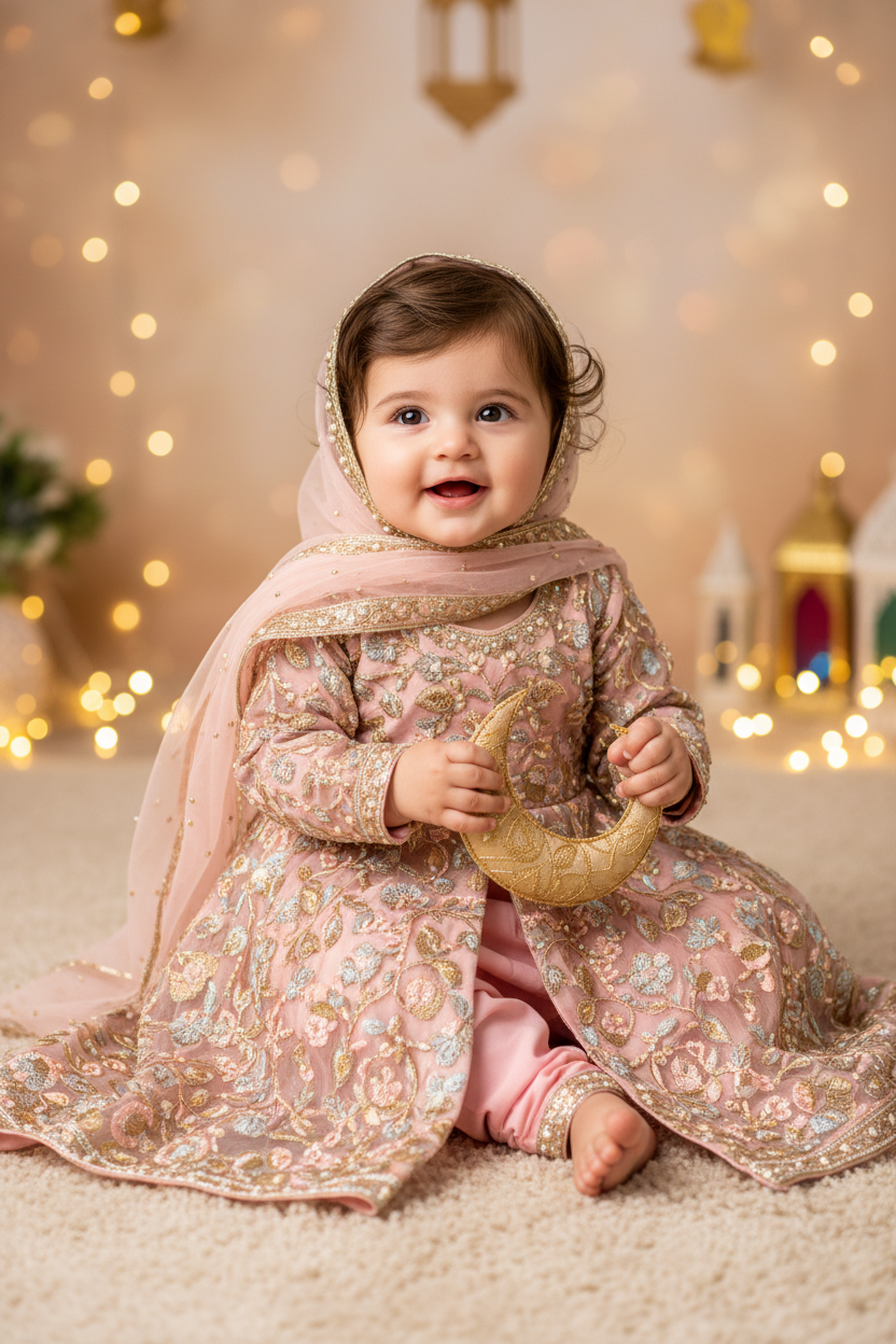 Baby girl baby salwar suit design in Pakistan — infant wearing embroidered Anarkali suit for Eid