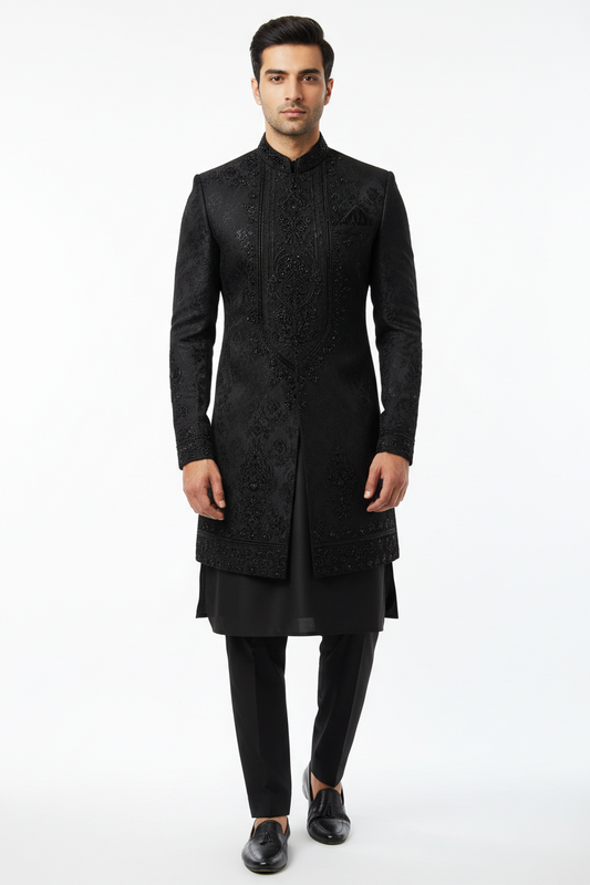 Black suit design for men in Pakistan — black embroidered kurta trouser set