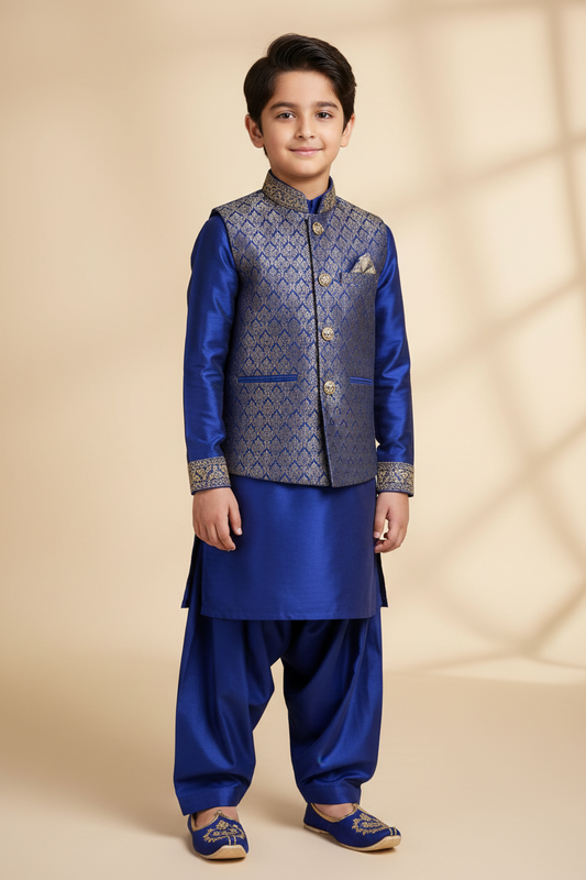 Boys suit design in Pakistan — boy wearing embroidered kurta pajama waistcoat set for Eid