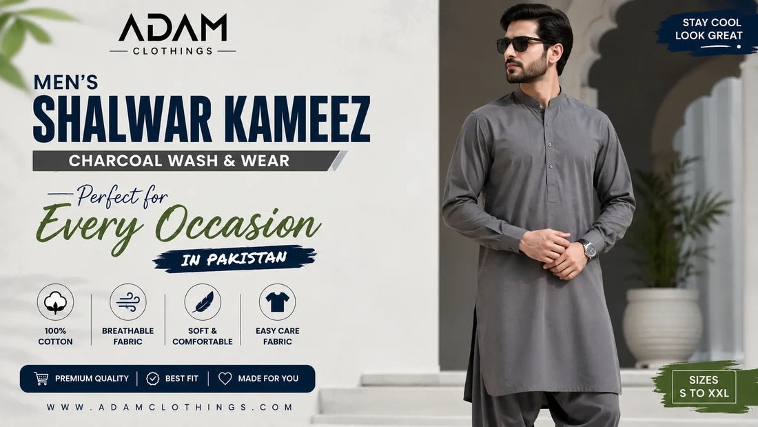 Men wearing grey shalwar kameez in charcoal wash-and-wear fabric — Adam Clothings Pakistan