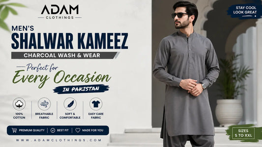Men wearing grey shalwar kameez in charcoal wash-and-wear fabric — Adam Clothings Pakistan