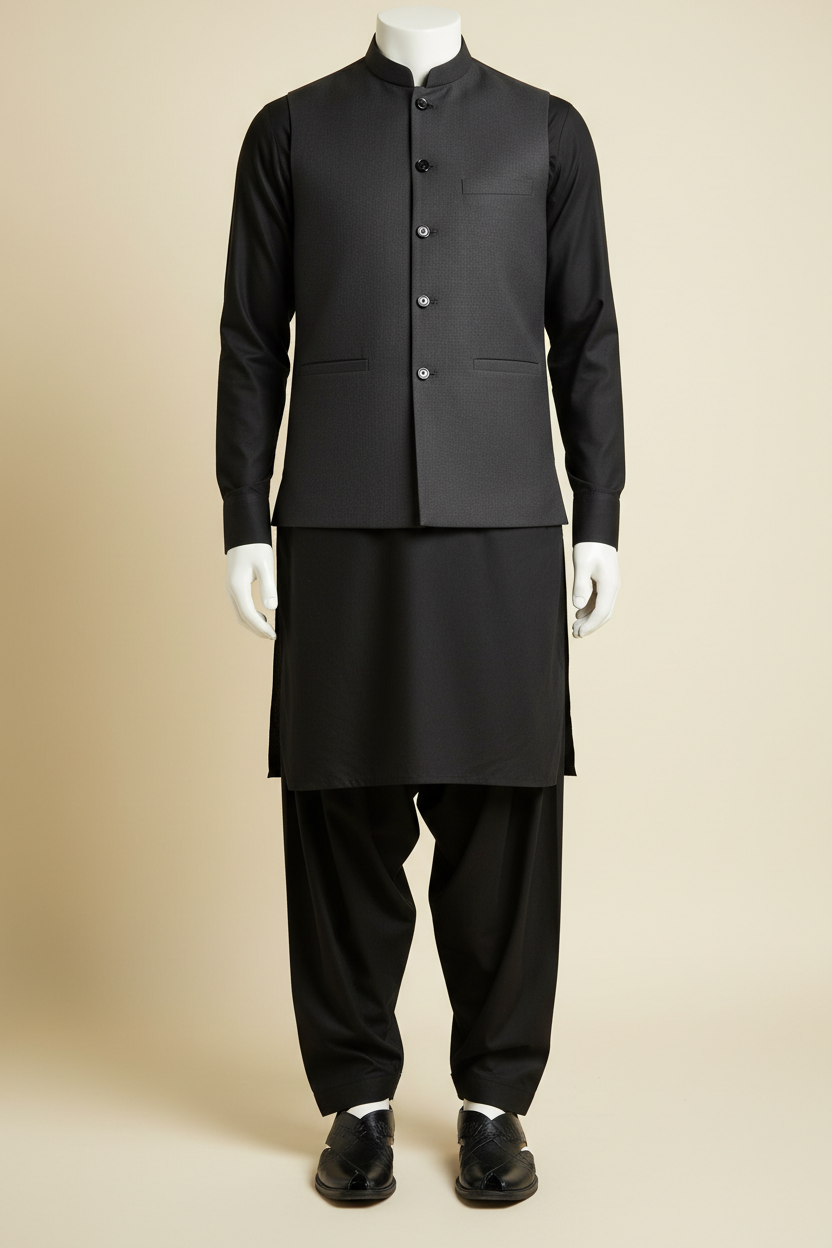 Men's black shalwar kameez in cotton fabric, slim fit, suitable for formal and casual occasions in Pakistan