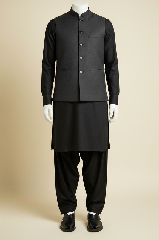 Men's black shalwar kameez in cotton fabric, slim fit, suitable for formal and casual occasions in Pakistan