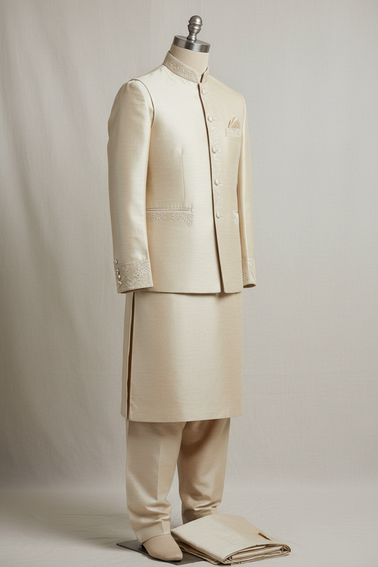 Men's boski suit with waistcoat in cream — three-piece traditional Pakistani formal wear