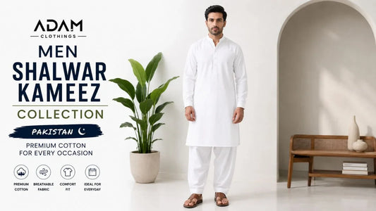 Pakistani man wearing white mens shalwar kameez — front view of straight-cut cotton suit
