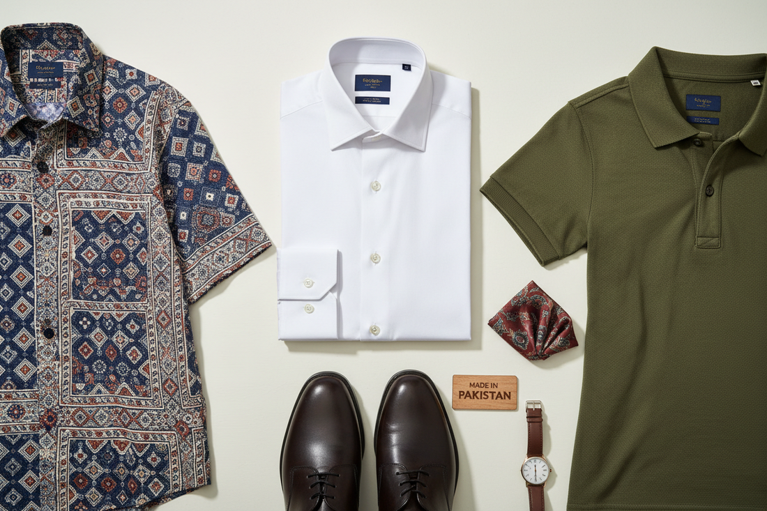 Shirts for men in Pakistan — casual, formal, and polo shirt styles laid flat on a clean surface