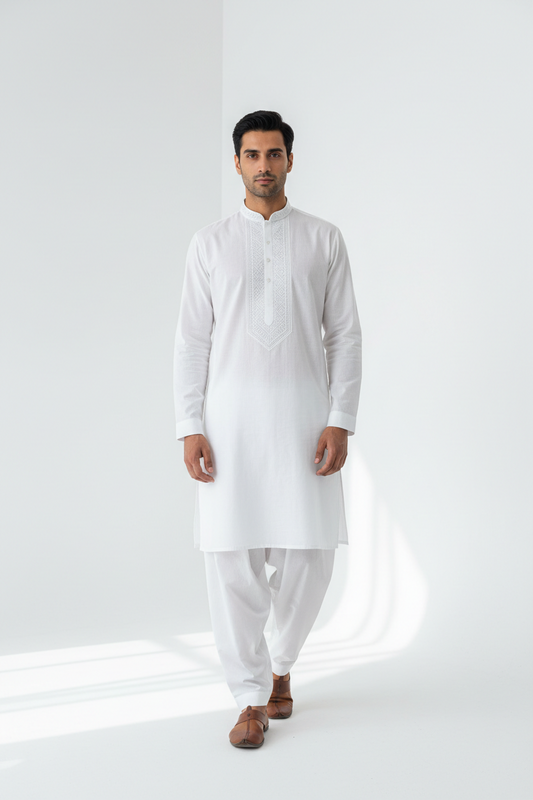 White shalwar kameez for men in Pakistan — cotton fabric, ban collar, traditional suit for Eid and formal occasions