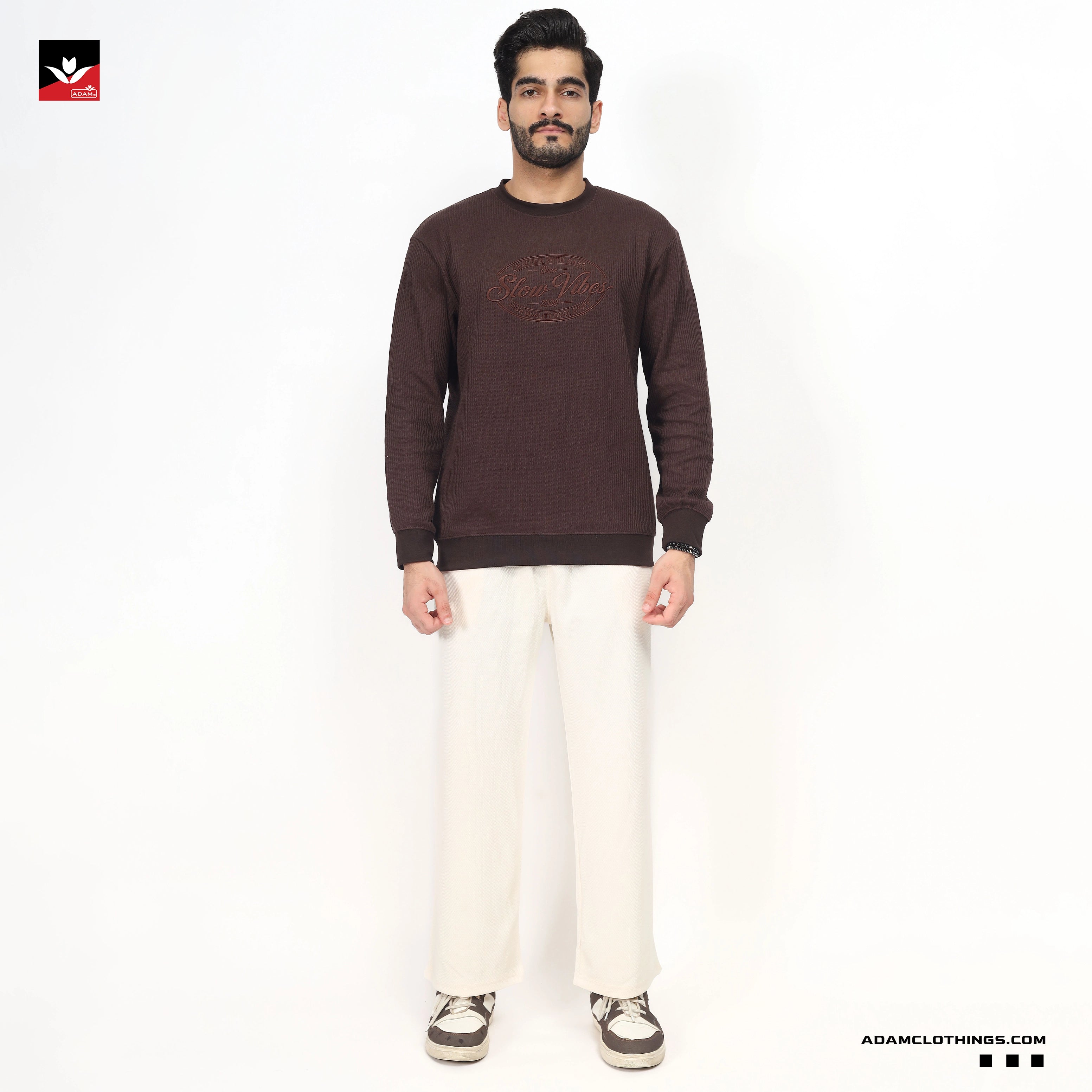 TEXTURED WAFFLE KNIT BROWN SWEATSHIRT