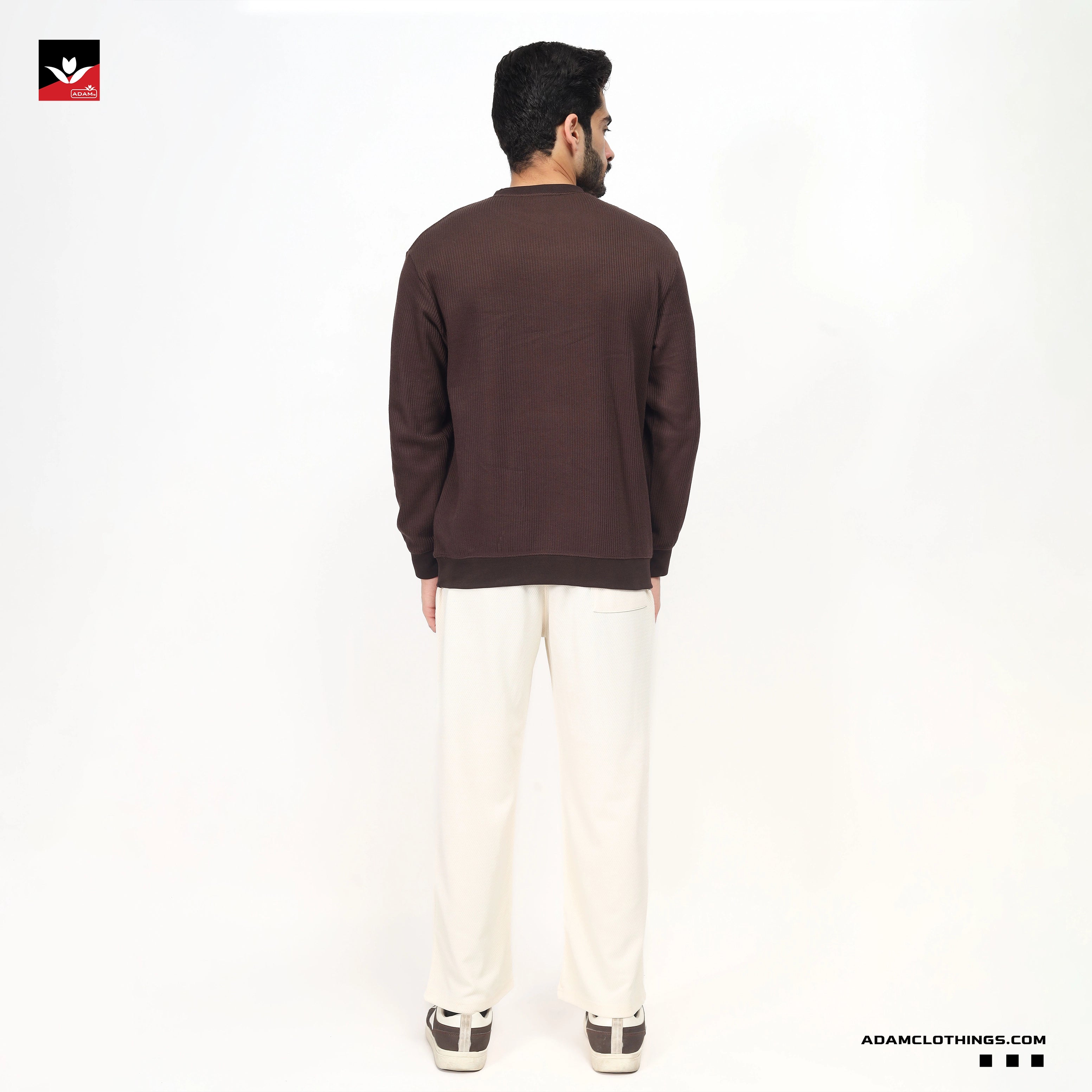 TEXTURED WAFFLE KNIT BROWN SWEATSHIRT