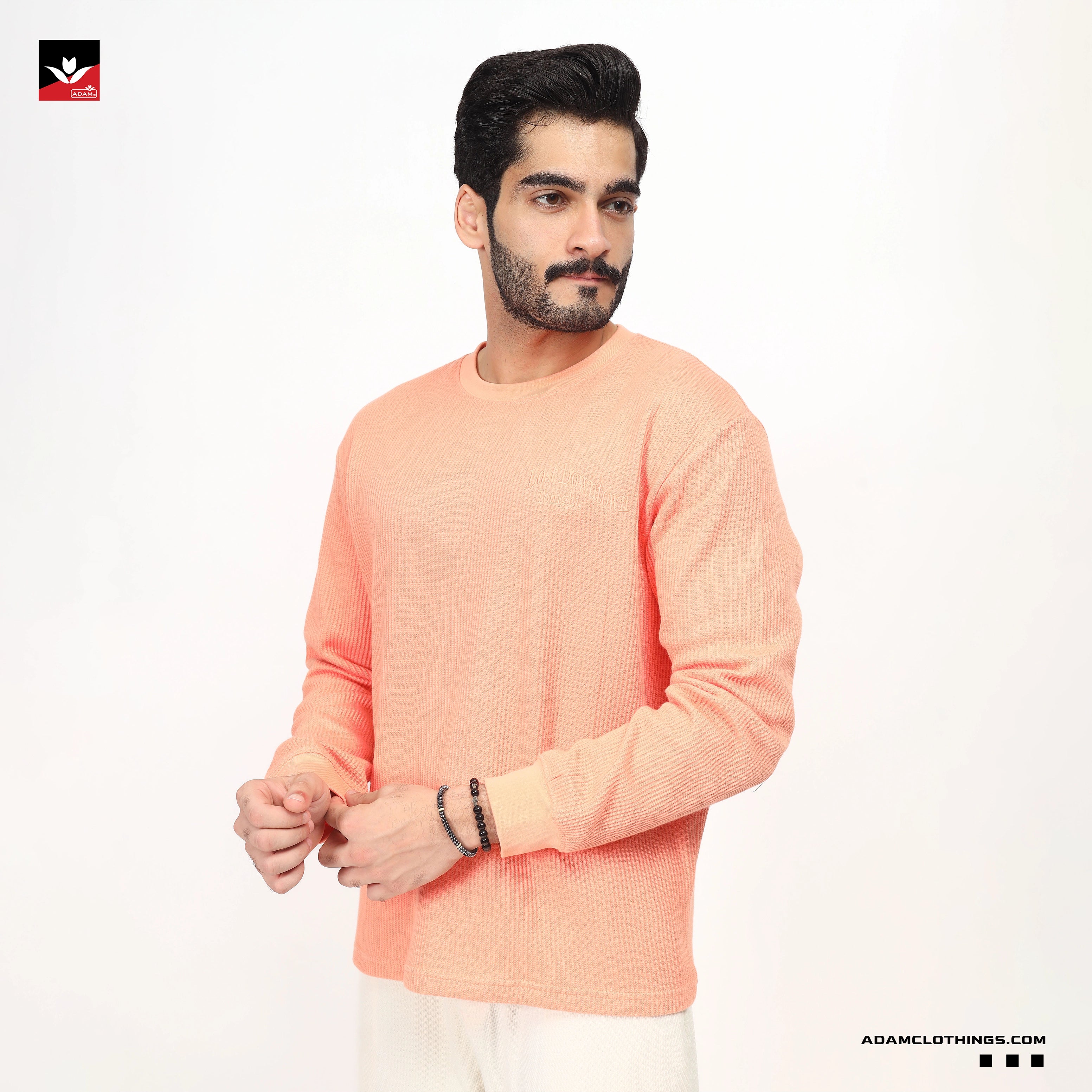 TEXTURED WAFFLE KNIT PEACH SWEATSHIRT