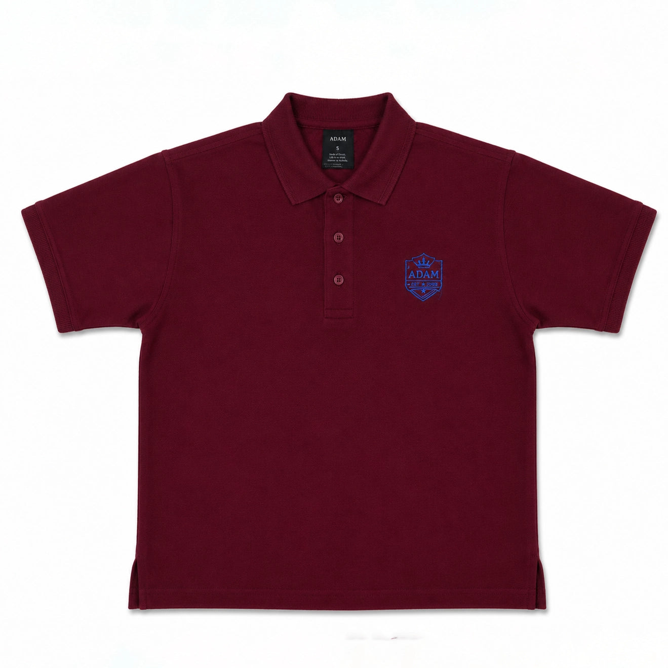 Maroon embroidery polo shirt collar and stitching detail