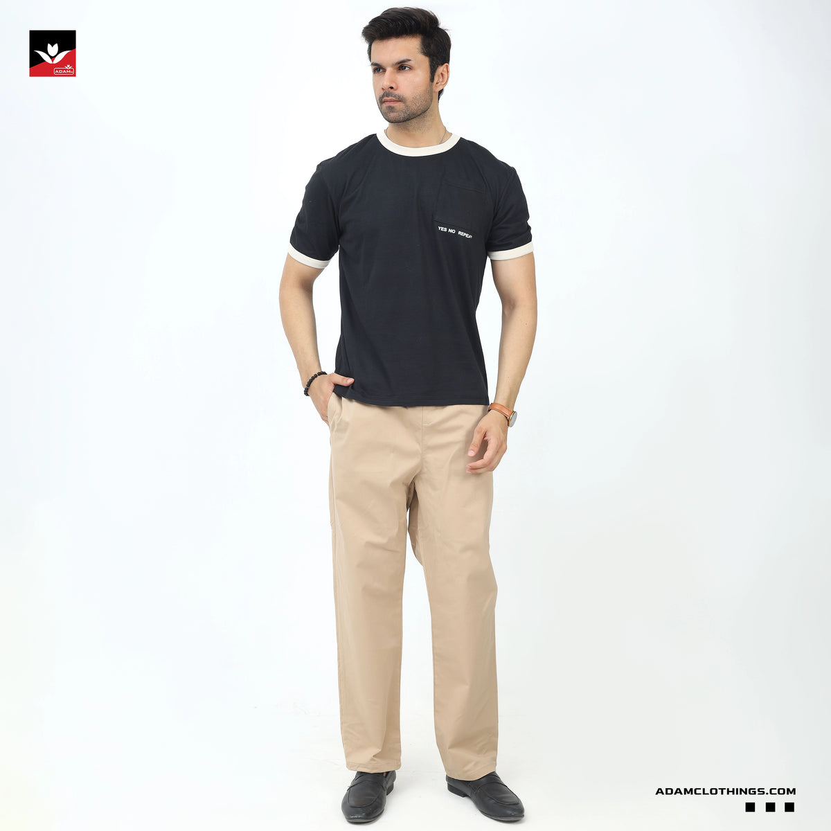 CONTRAST RIB BLACK TEE SHIRT