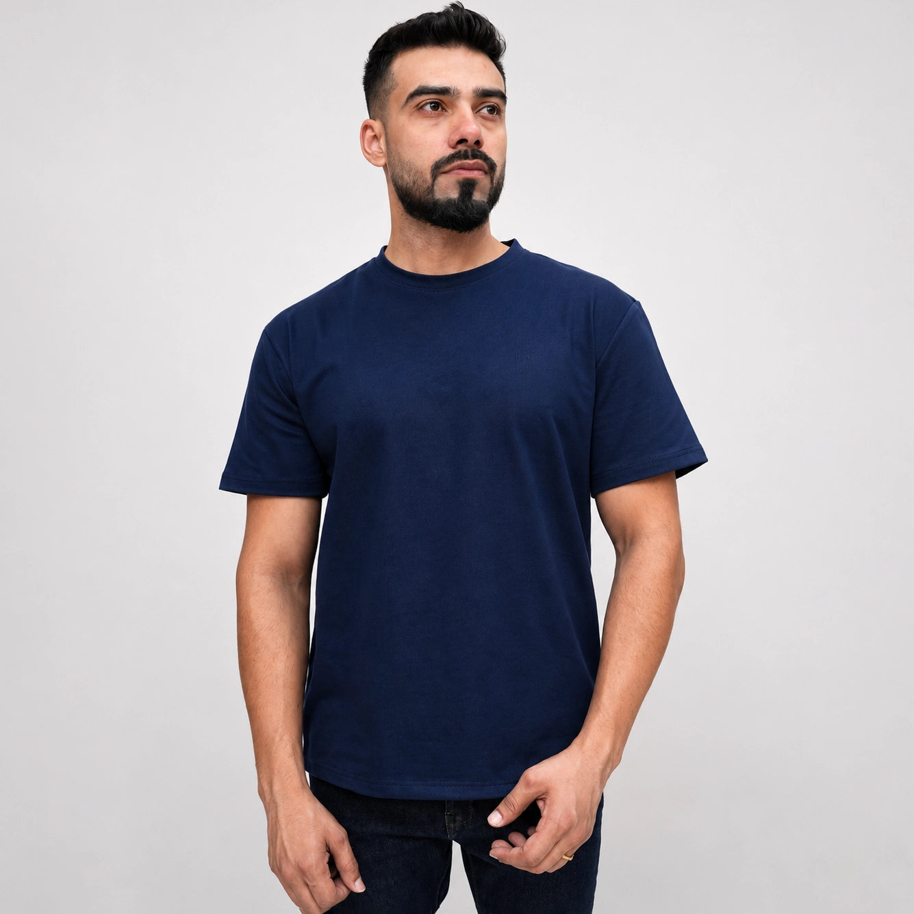 Navy mesh jumper tee close-up showing open knit fabric texture