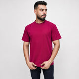 Maroon t-shirt for men, relaxed fit mesh-knit tee, front view — ADAM Clothing