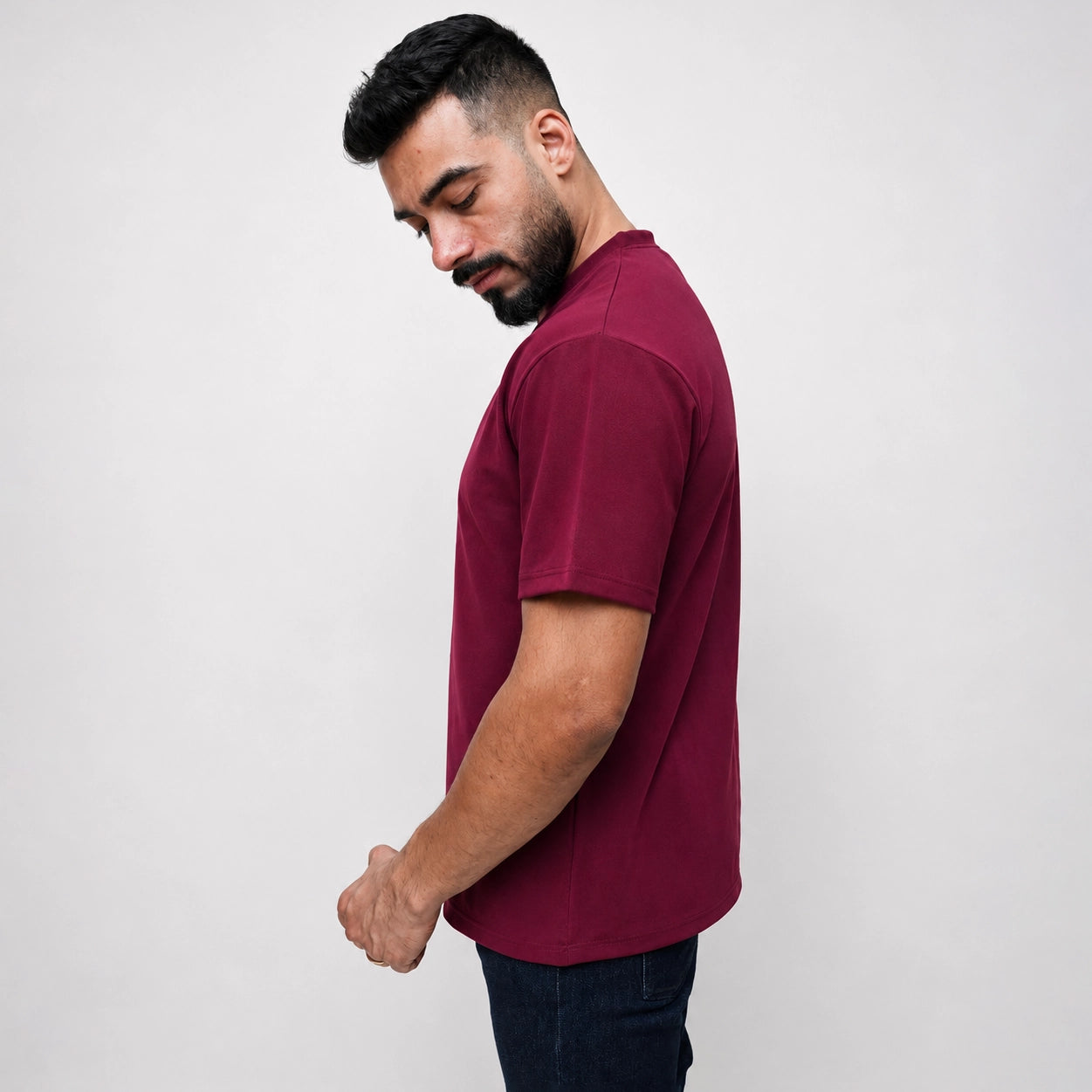 Maroon t-shirt for men, side view highlighting relaxed shoulder fit