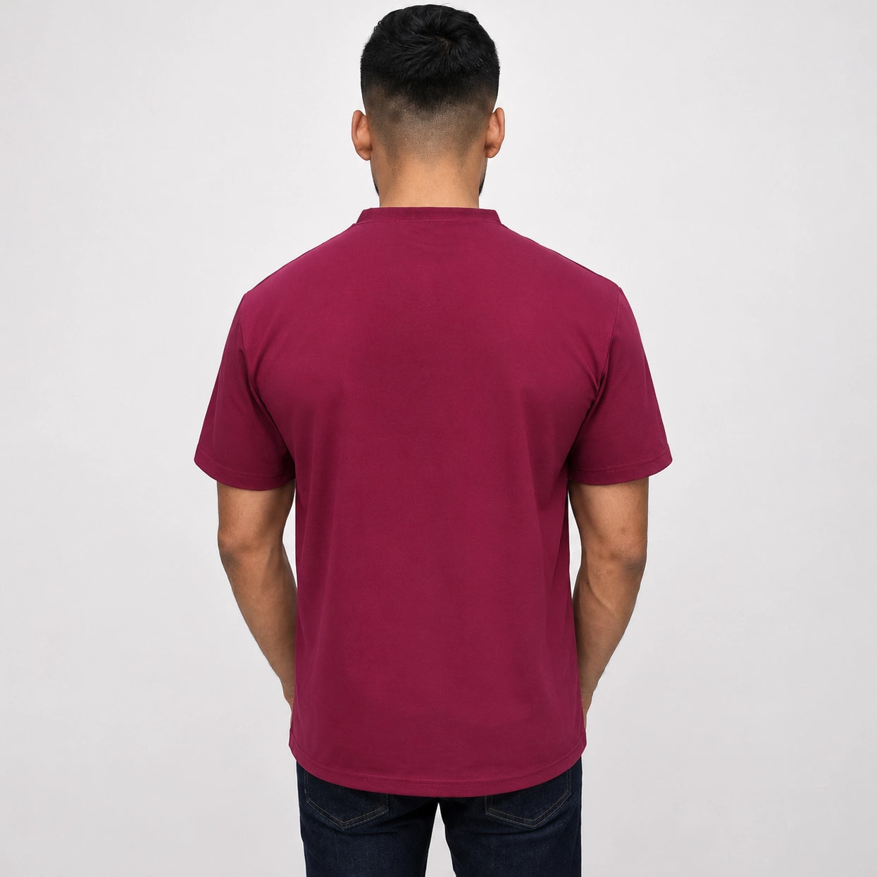 Maroon mesh jumper tee for men, back view showing fit and stitching