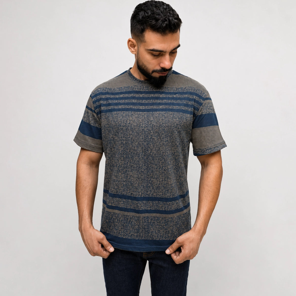 Front view of textured printed navy tee shirt, regular fit for men