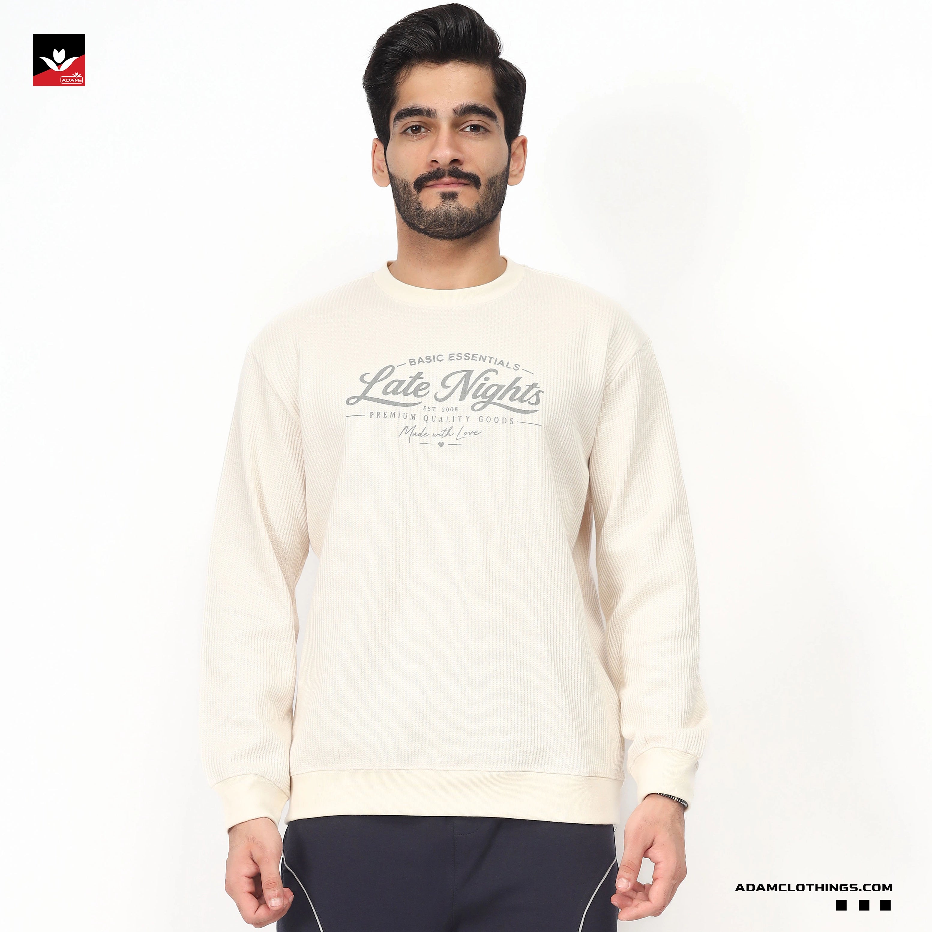 TEXTURED WAFFLE KNIT EMBROIDED SWEATSHIRT