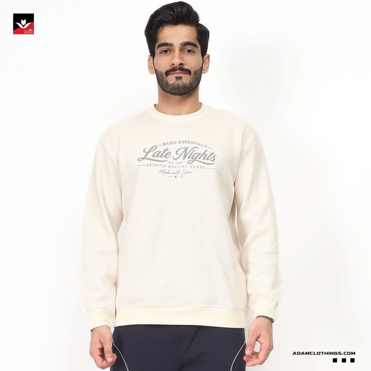 TEXTURED WAFFLE KNIT EMBROIDED SWEATSHIRT