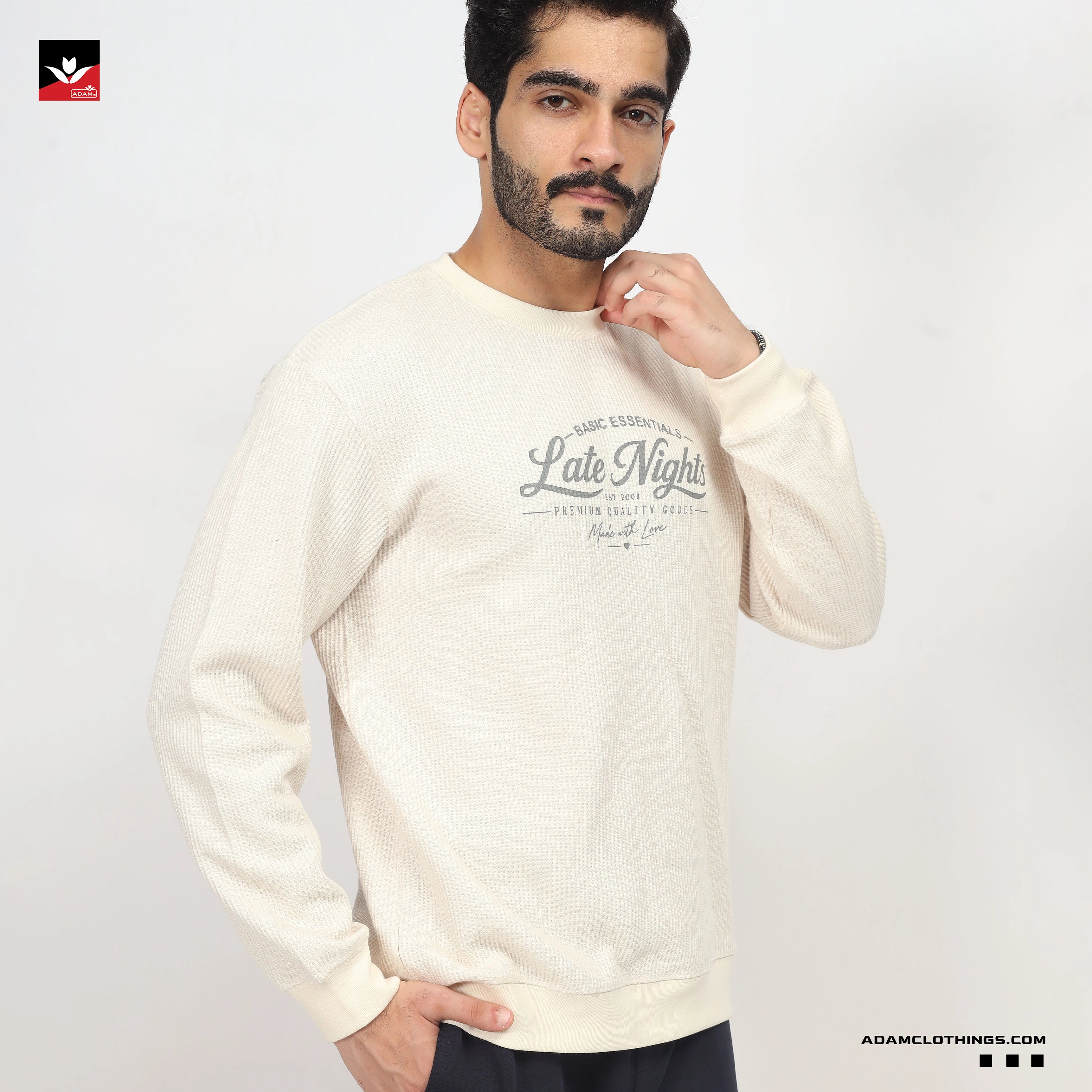 TEXTURED WAFFLE KNIT EMBROIDED SWEATSHIRT