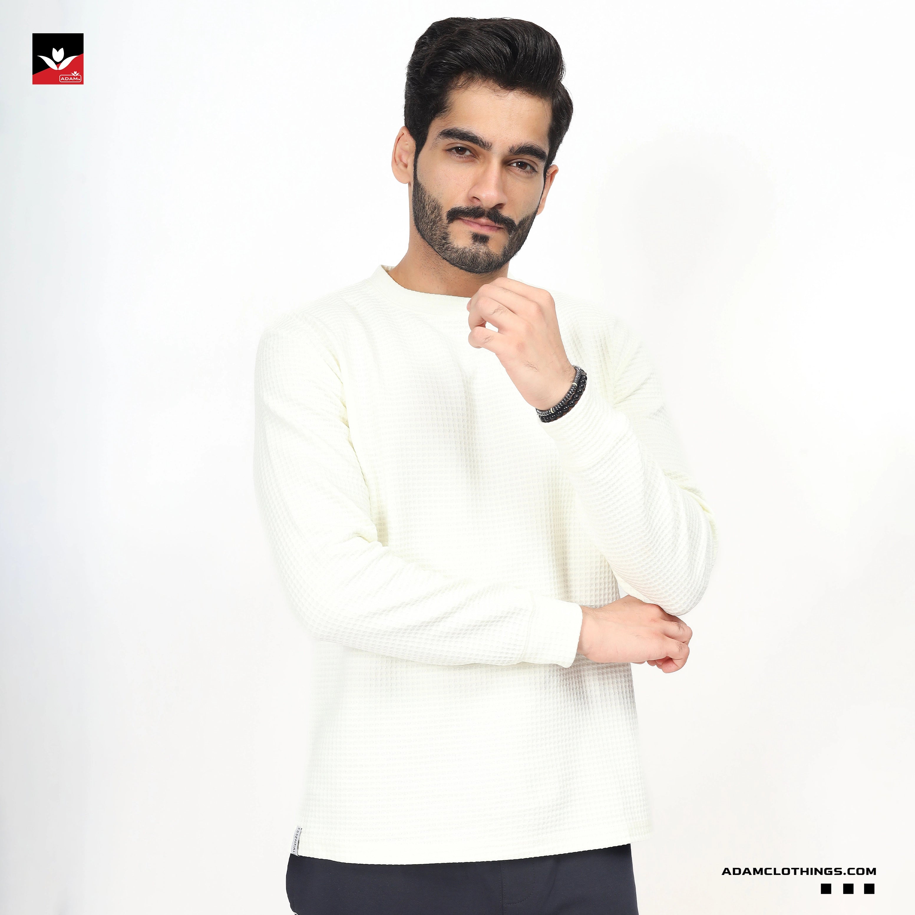 WAFFLE KNIT TEXTURED WHITE SWEATSHIRT