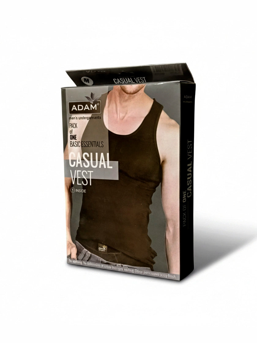 ADAM men's casual vest packaging, pack of one black sleeveless undershirt