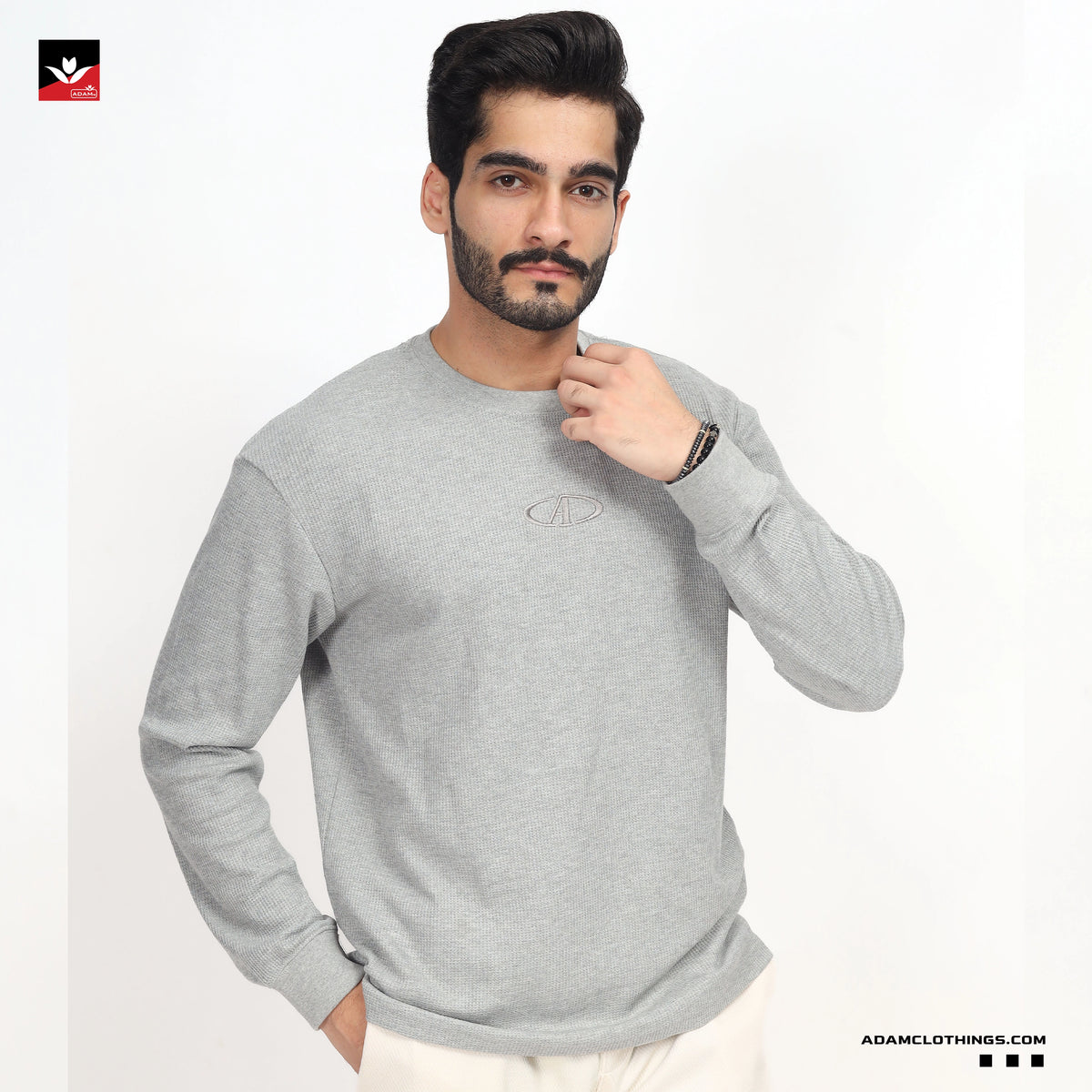 TEXTURED WAFFLE KNIT EMBROIDED SWEATSHIRT