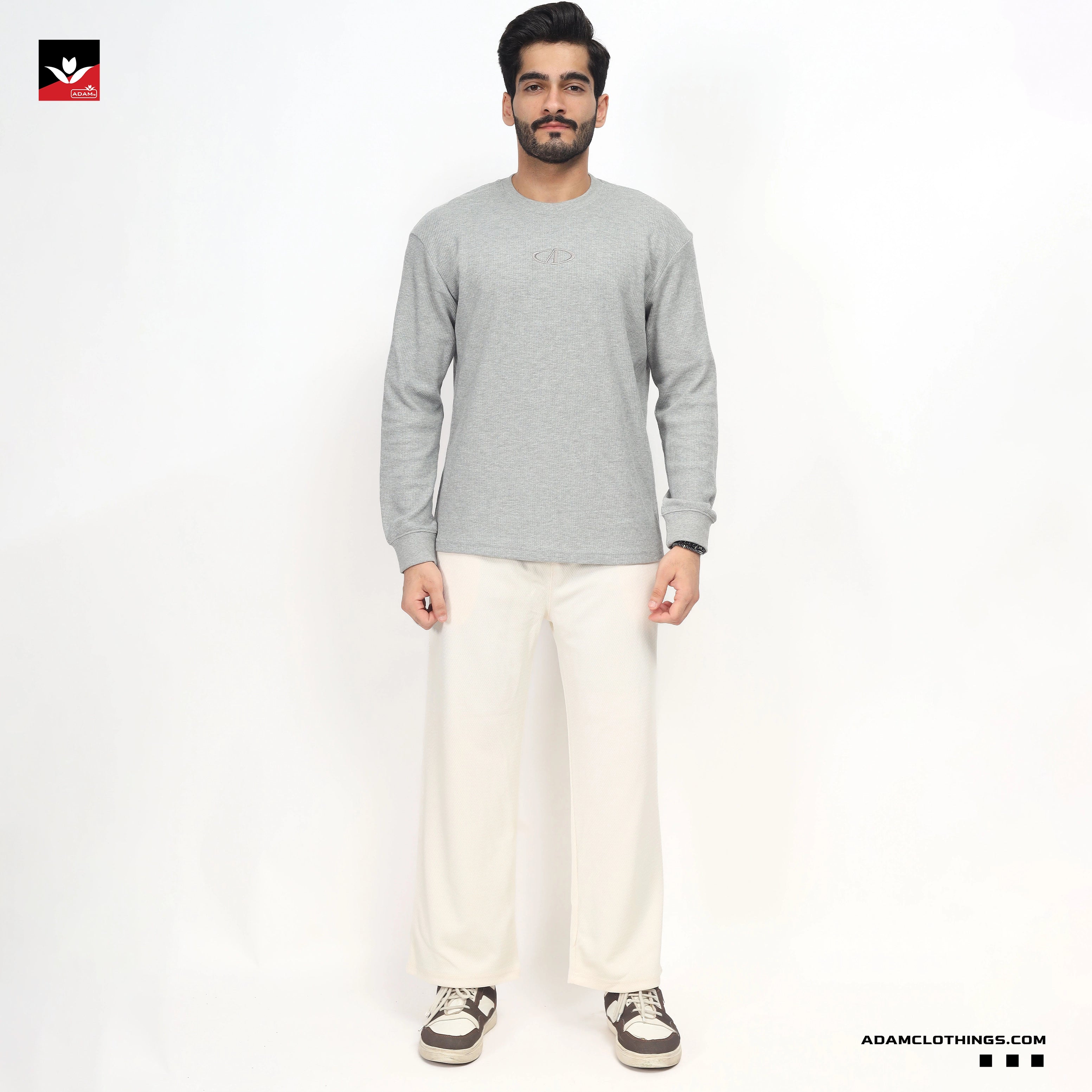 TEXTURED WAFFLE KNIT EMBROIDED SWEATSHIRT