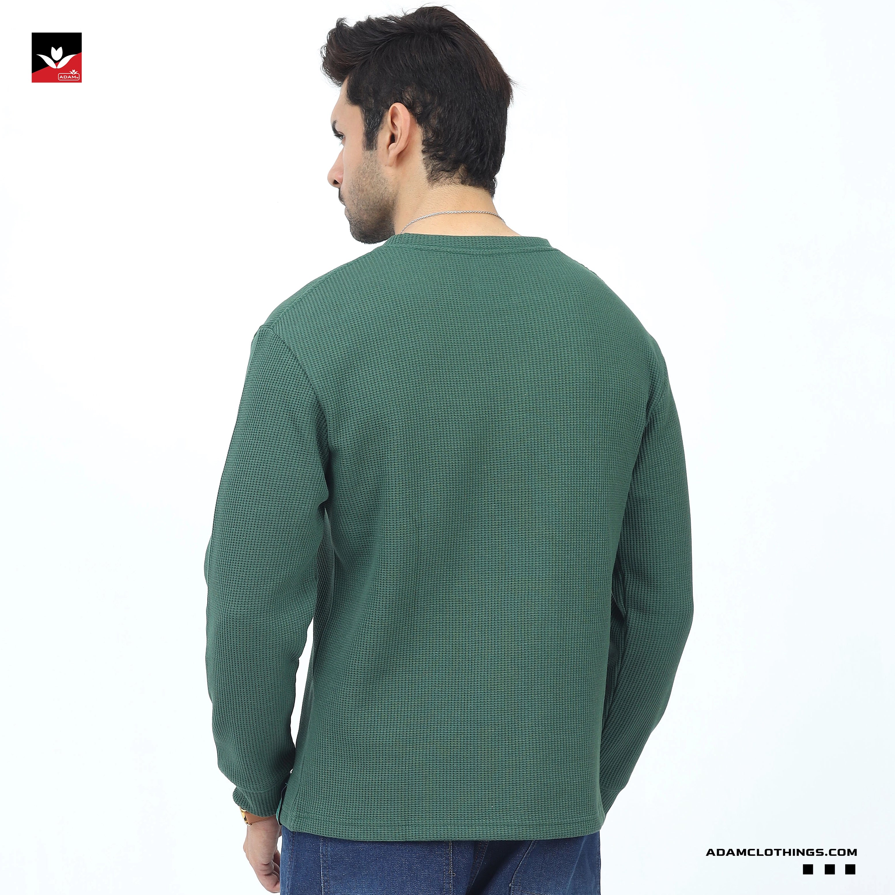 GREEN WAFFLE KNIT TEXTURED SWEATSHIRT