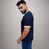 Navy blue t shirt side view showing relaxed regular fit