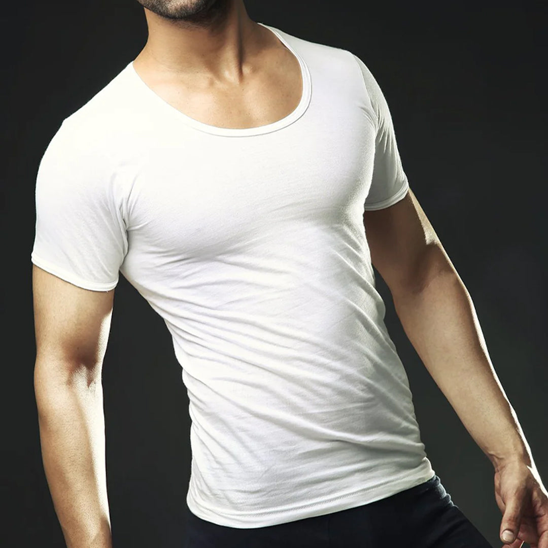 Men's White Under Shirt Scoop Neck T-Shirt - Front Standing Pose Model Shot On Black Background