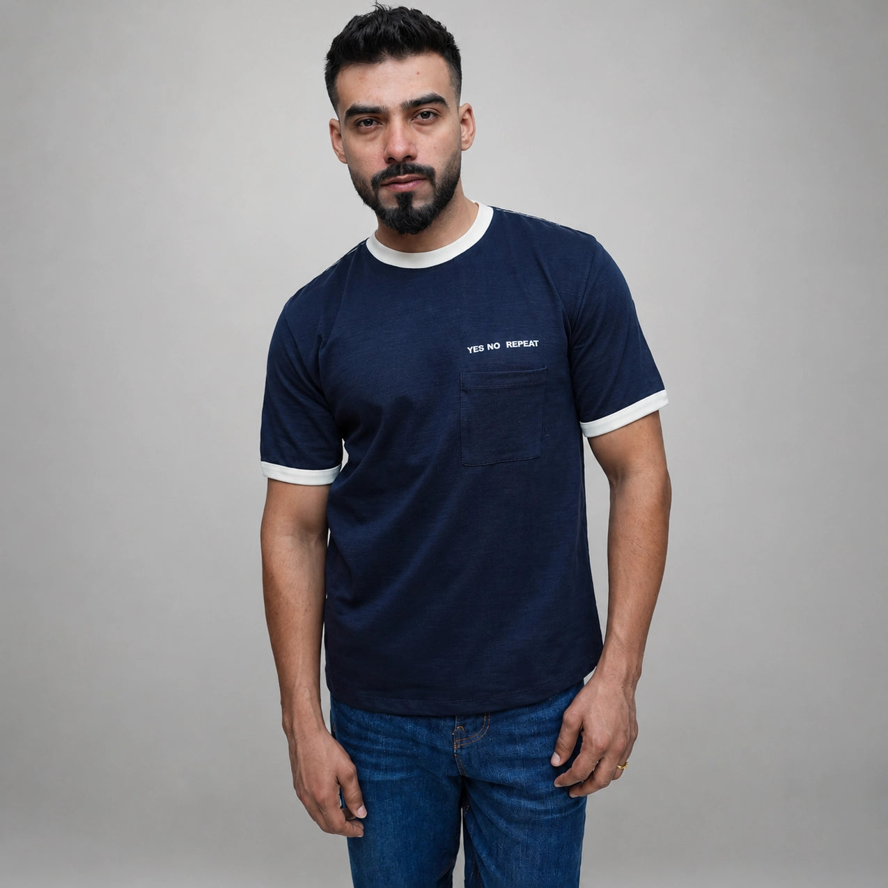 Navy blue t shirt for men with contrast rib collar, front view
