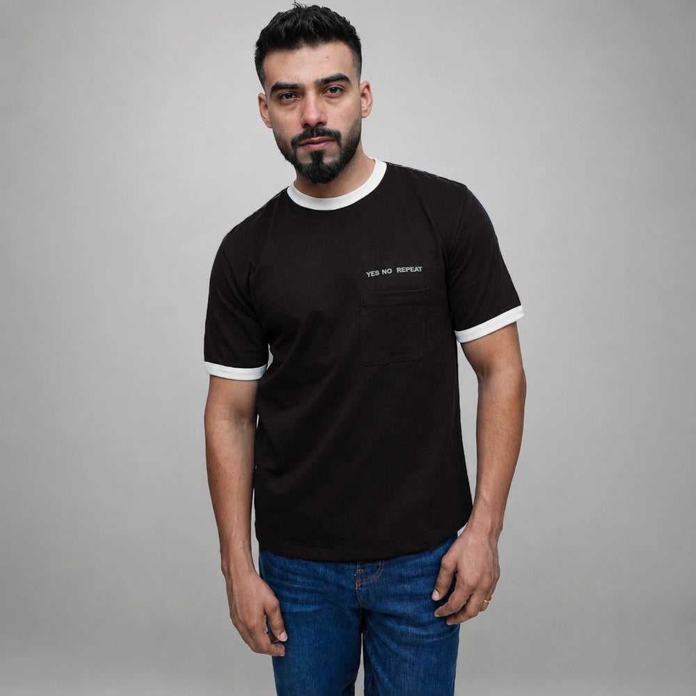 Black t shirt for men with contrast rib neckline, front view