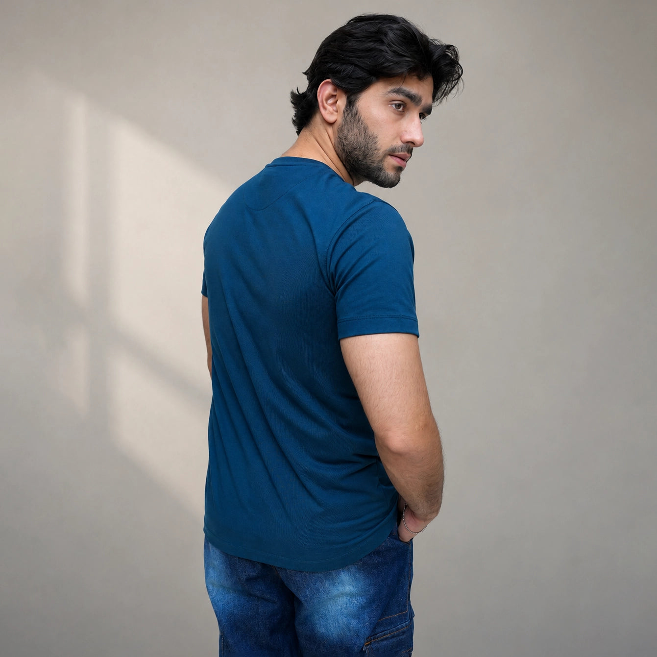 ADAM royal blue t shirt back view relaxed fit stitched hem detail
