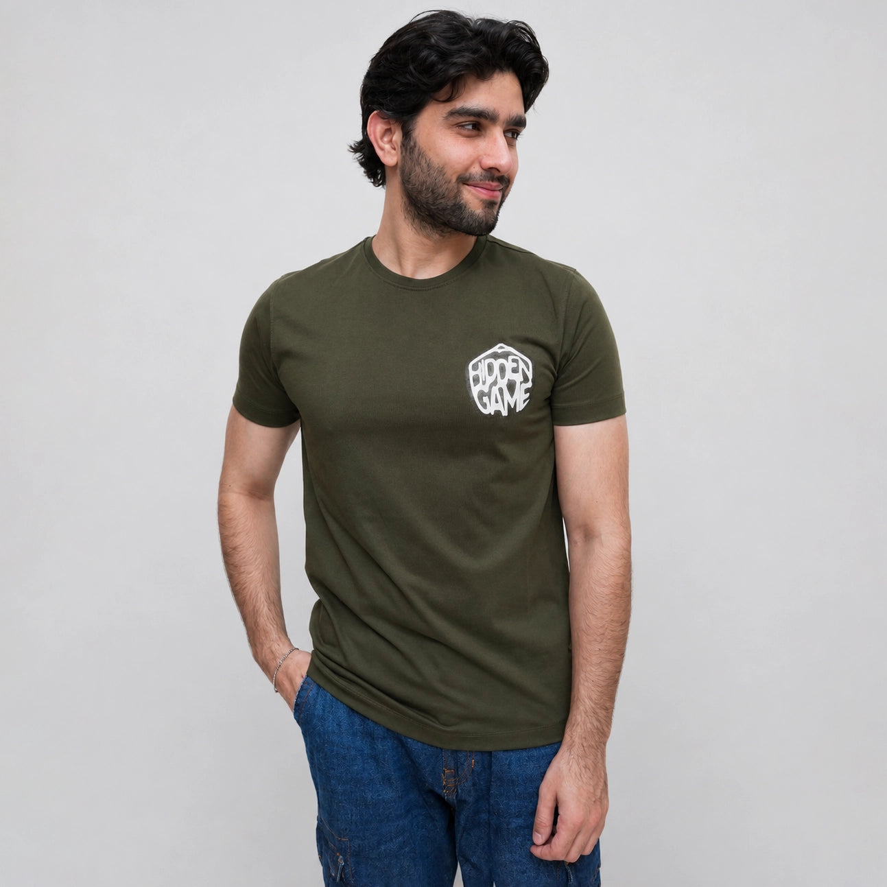 Olive graphic t-shirt front view oversized fit for men