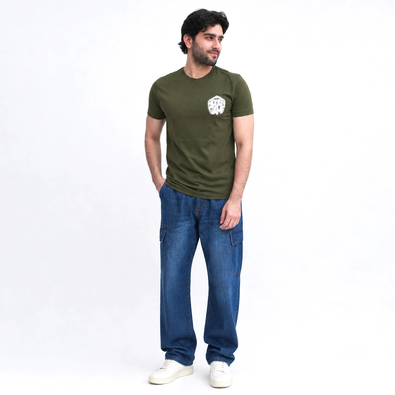 Man wearing olive graphic t-shirt with joggers casual style