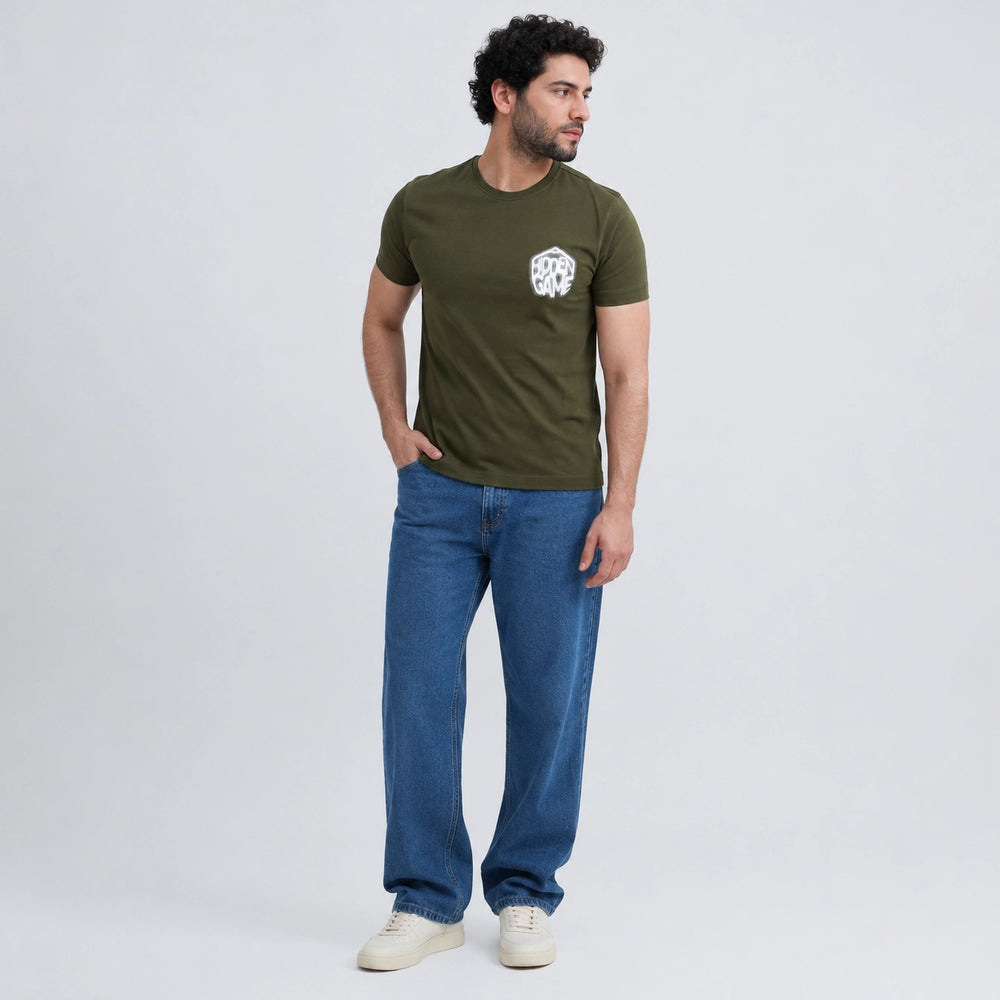 Olive oversized t-shirt size fit on model full body