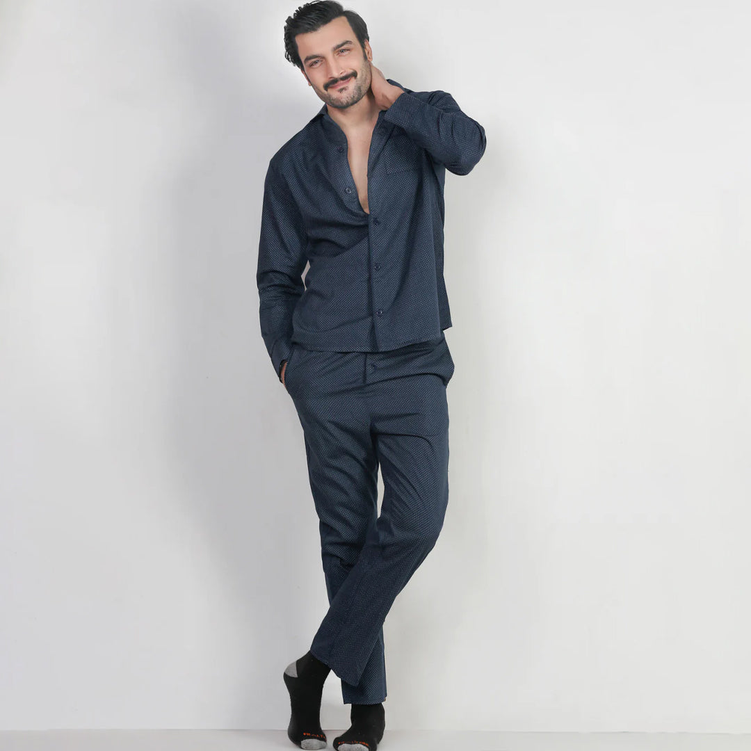 Men's Navy Blue Night Suit - Front Pose Against